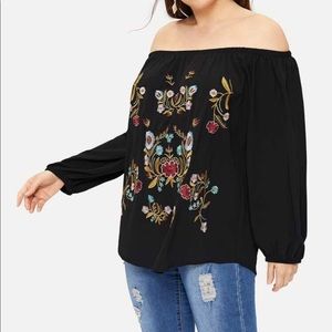 PLUS FLORAL EMBROIDERED BARDOT TOP BLOUSE